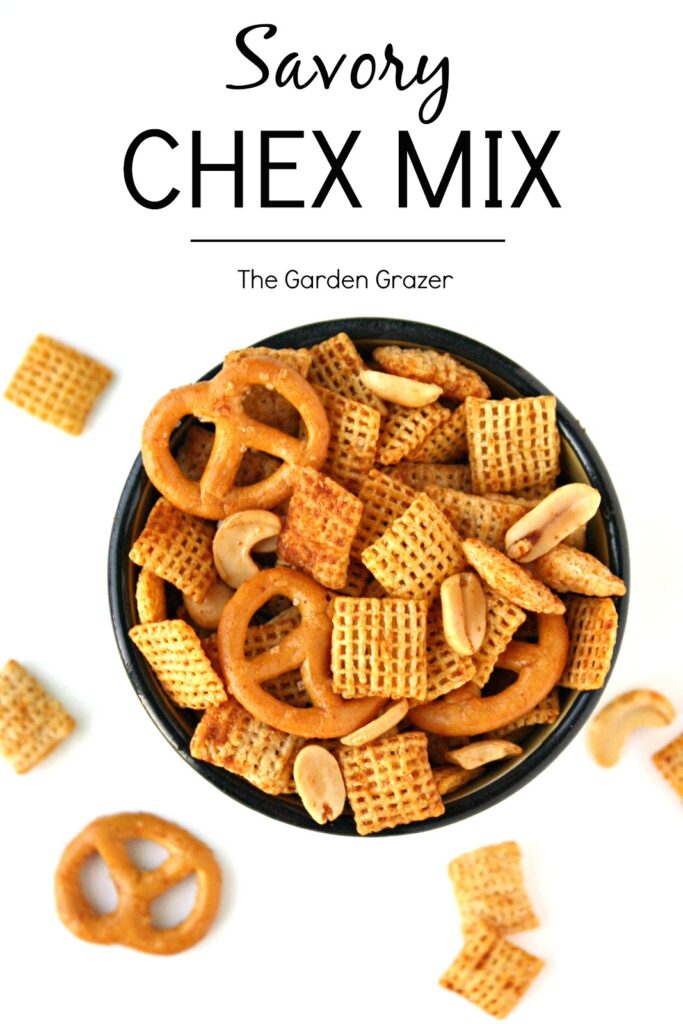 Savory vegan chex mix in a bowl
