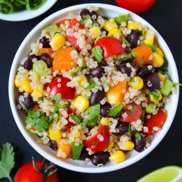 Overhead view of Mexican Quinoa Salad with black beans in a small white bowl