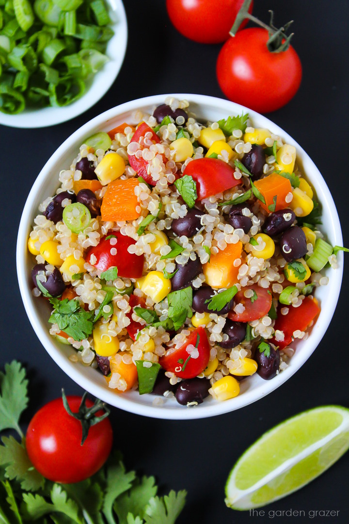 Overhead view of Mexican Quinoa Salad with black beans in a small white bowl