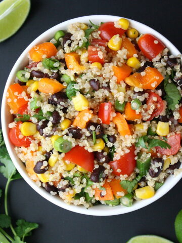 Mexican-style black bean quinoa salad in a white bowl