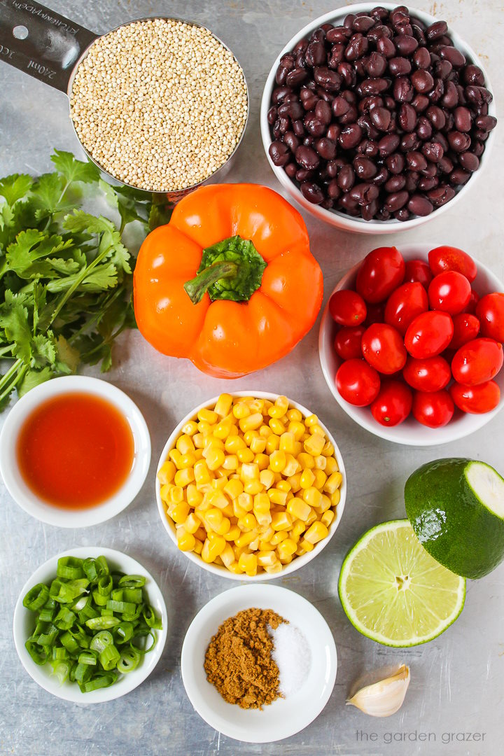 Black beans, tomato, bell pepper, fresh cilantro, sweet corn, lime, garlic, and spice ingredients laid out on a metal tray