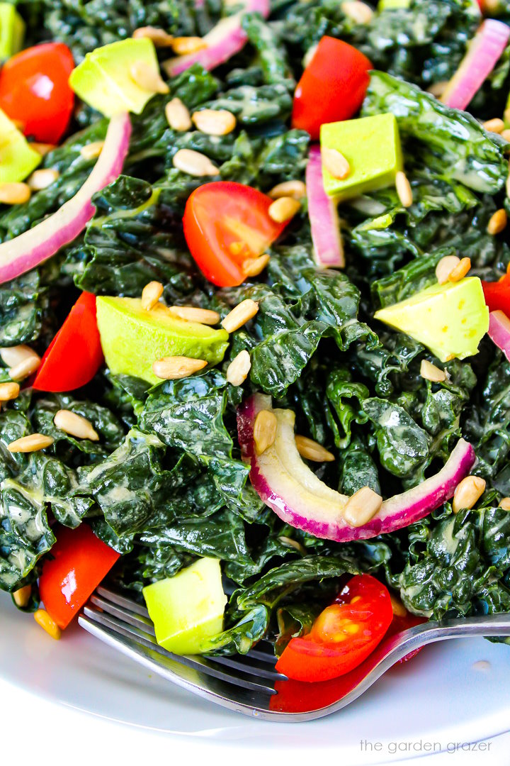 Close up view of marinated kale salad with avocado, red onion, and tomato