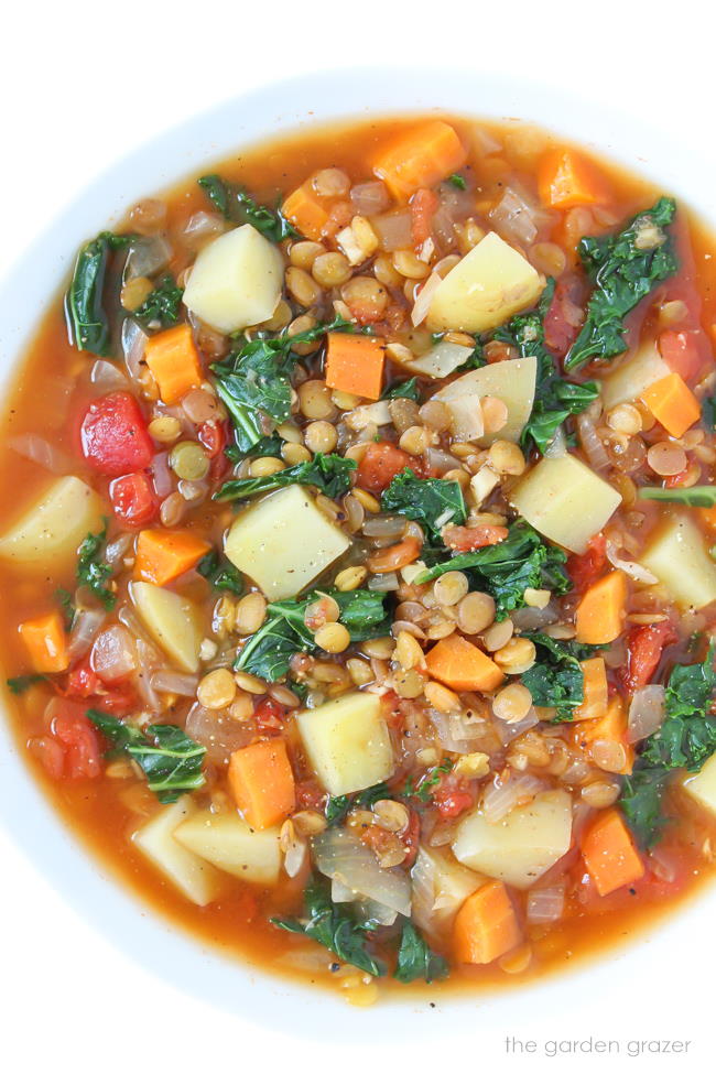 Kale Potato Soup with lentils in a bowl