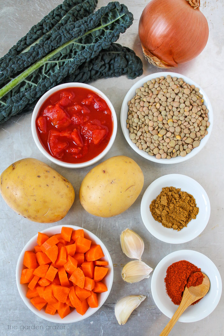 Fresh kale, diced tomatoes, gold potato, carrot, garlic, onion, and spice ingredients laid out on a metal tray