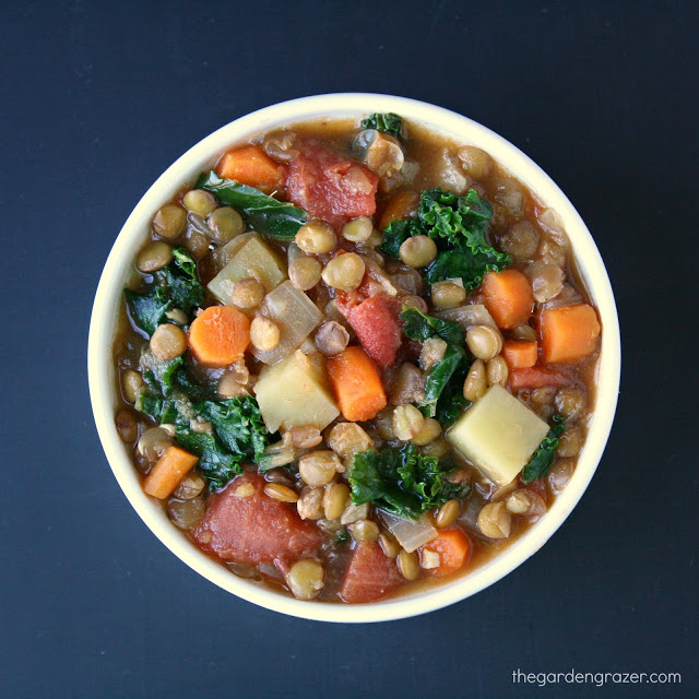 Vegan lentil kale potato soup in a bowl