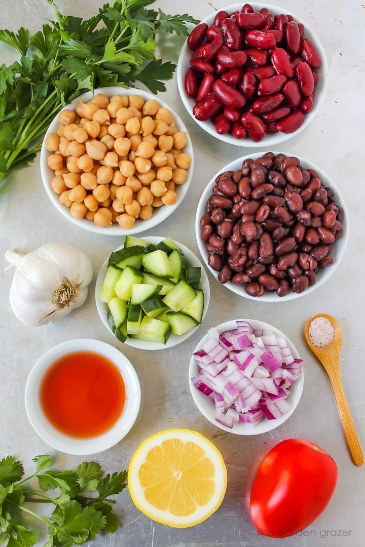 Chickpeas, cucumber, red onion, tomato, lemon, vinegar, and garlic ingredients laid out on a metal tray