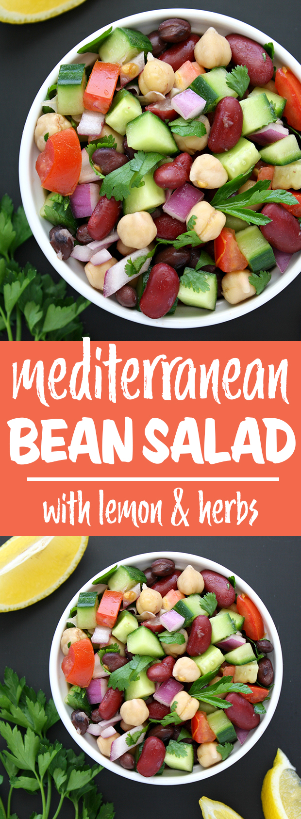 Photo collage of vegan mediterranean bean salad