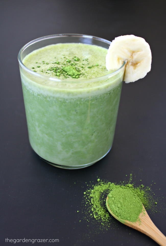 Small glass of vegan banana matcha smoothie