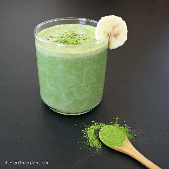 Creamy vegan banana matcha smoothie in a glass