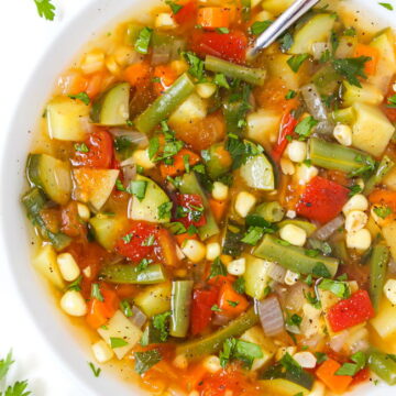 Fresh vegan garden soup in a white bowl with spoon