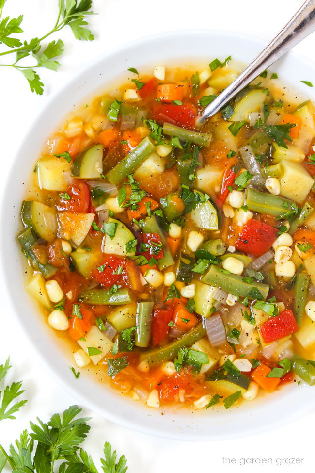 Fresh vegan garden soup in a white bowl with spoon