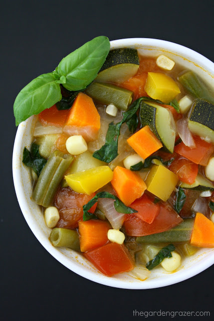 Vegan garden vegetable soup in a bowl with fresh basil