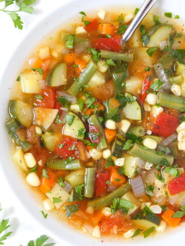 Bowl of vegan garden vegetable soup with fresh herbs