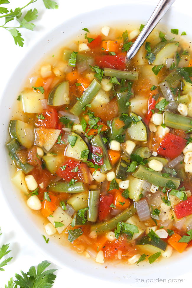 Bowl of vegan garden vegetable soup with fresh herbs