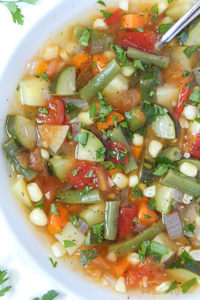 Veggie soup in a bowl with spoon and fresh herbs