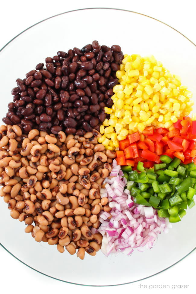 Ingredients in a bowl for cowboy caviar