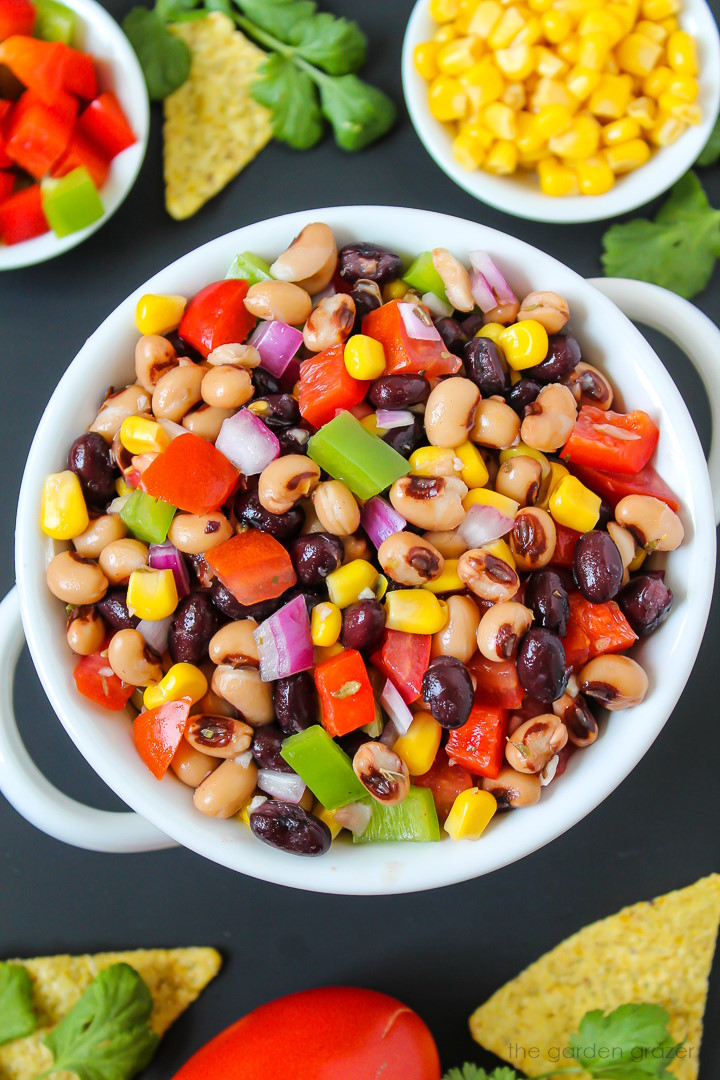 Close up view of healthy vegan cowboy caviar (Texas caviar) in a white bowl
