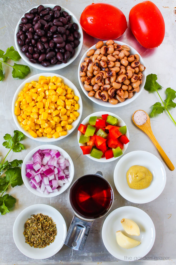 Beans, sweet corn, bell pepper, red onion, vinegar, garlic, and spice ingredients laid out on a metal tray