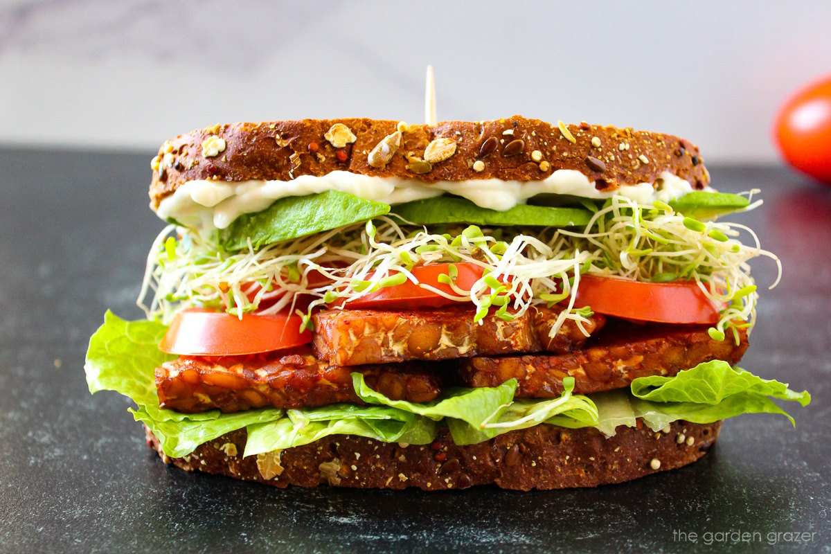 Side view of TLT tempeh sandwich with sprouts and avocado