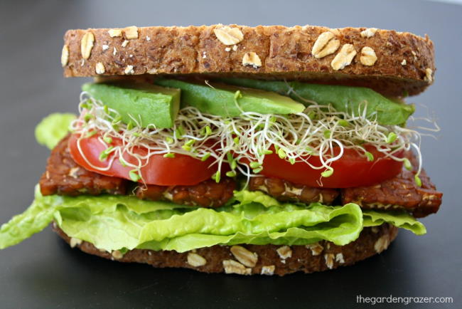 Vegan BLT sandwich with tempeh bacon, lettuce, tomato