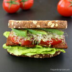 Vegan tempeh sandwich with avocado, lettuce, tomato