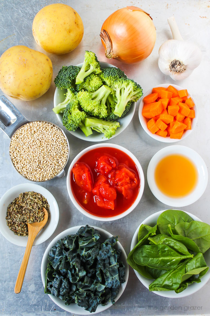 Fresh broccoli, diced tomatoes, onion, garlic, carrot, kale, spinach, and seasoning ingredients laid out on a metal tray