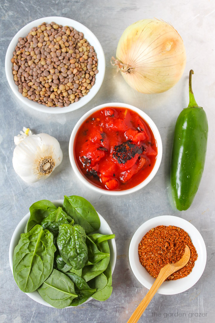 Overhead view of diced tomatoes, onion, garlic, jalapeno, fresh spinach, and taco seasoning ingredients laid out on a metal tray