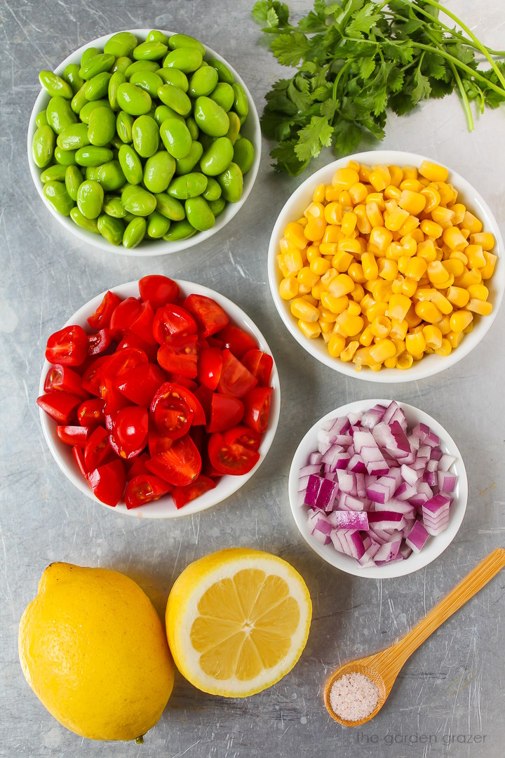 Sweet corn, soybeans, grape tomatoes, red onion, lemon, salt, and fresh herb ingredients laid out on a metal tray