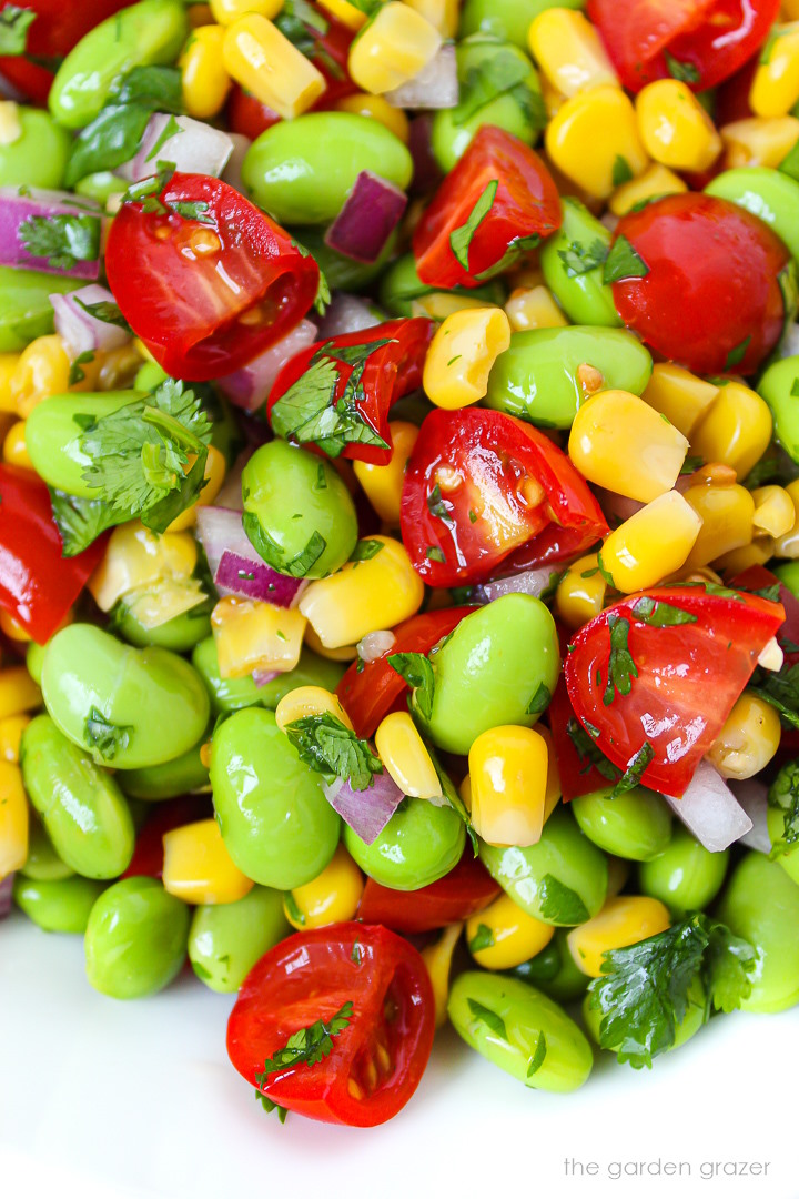 Close up view of edamame corn salad with lemon dressing