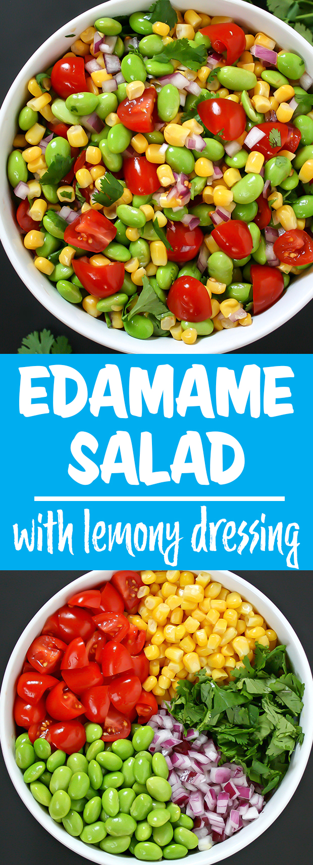 photo collage of edamame corn salad