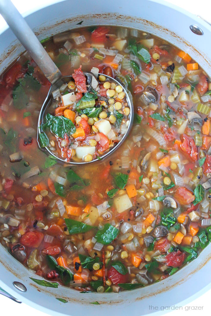 Overhead view of a ladle scooping out lentil vegetable soup from a pot