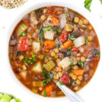 Vegan lentil vegetable soup in a white bowl with parsley on the side