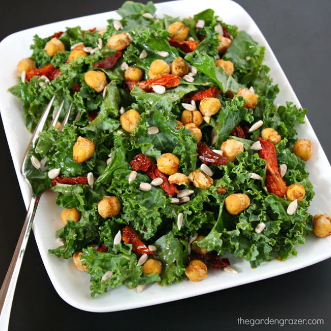 Kale Chickpea Salad with sun-dried tomatoes on a plate