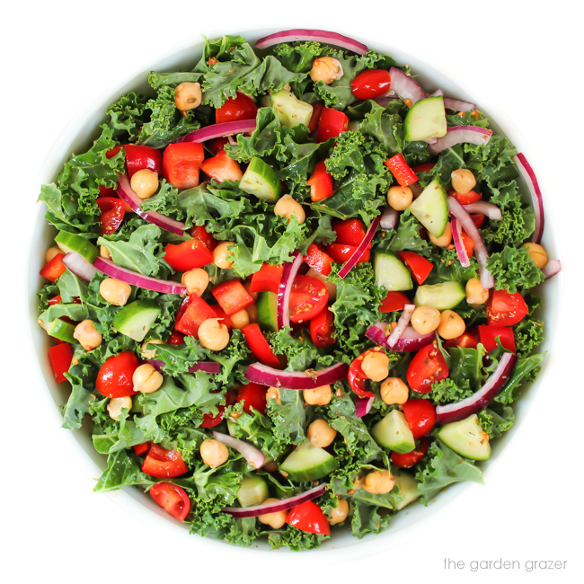 Vegan Greek Salad with kale, tomato, onion, cucumber