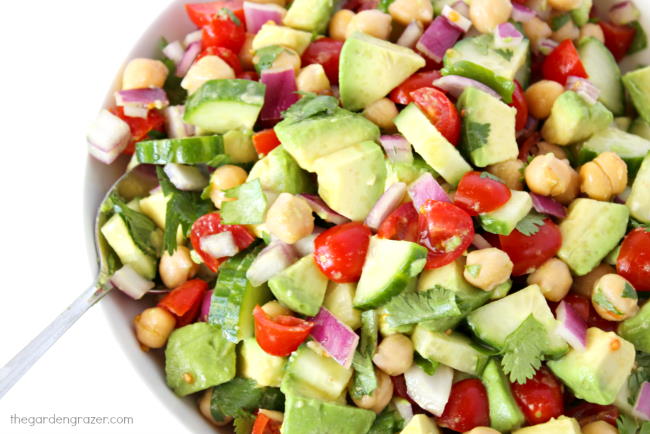 Bowl of vegan avocado cucumber tomato salad