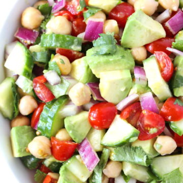 Vegan avocado tomato salad with cucumber in a bowl