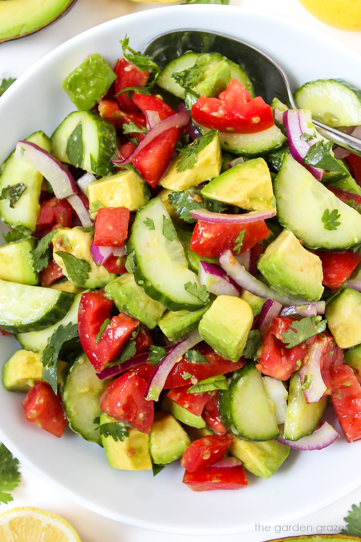 Close up view of cucumber tomato avocado salad with lemon herb dressing in a white bowl