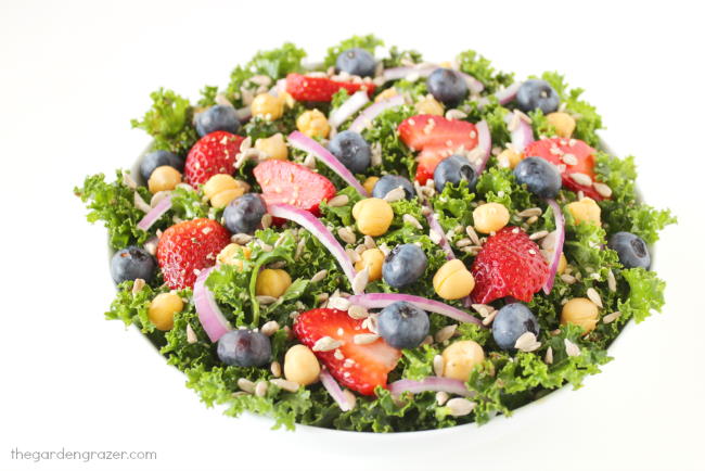 Bowl of kale salad with strawberries, blueberries, onions, and seeds