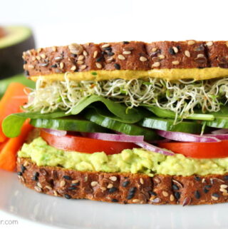 Avocado Sandwich on a plate with tomato, spinach, sprouts, and onion