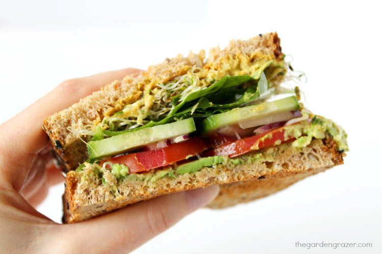 Hand holding up half of an avocado veggie sandwich