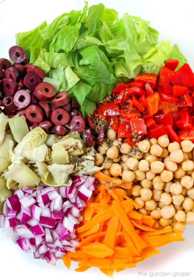 ingredients in a bowl for Italian Chopped Salad