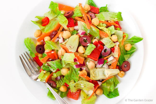Vegan Italian Salad on a plate with fork