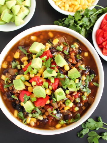 Black bean lentil taco soup in a white bowl