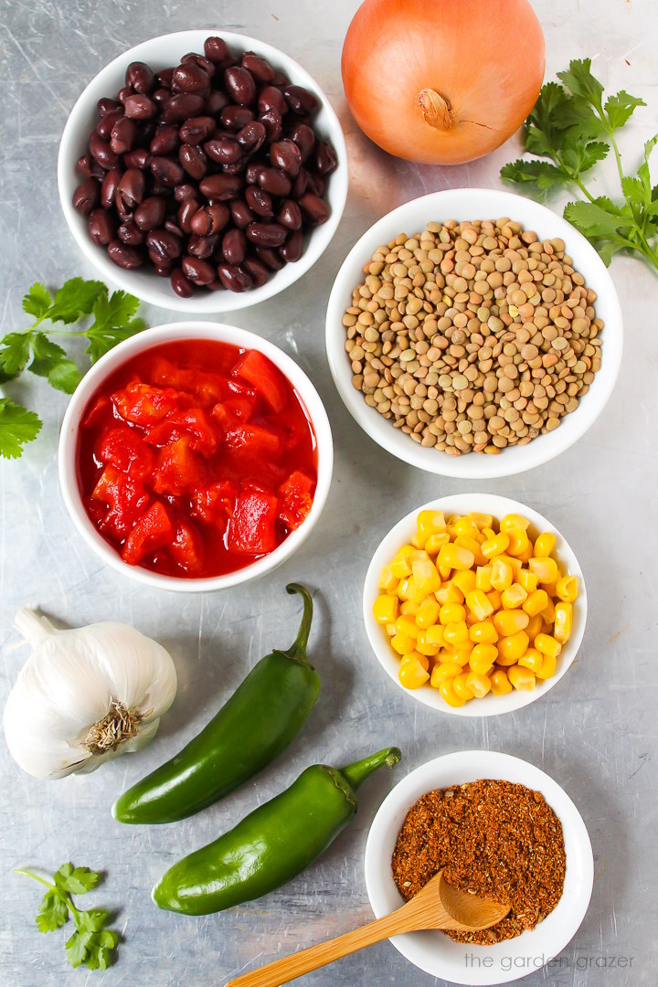 Overhead view of black beans, sweet corn, tomato, jalapeno, onion, garlic, and seasoning ingredients laid out on a metal tray
