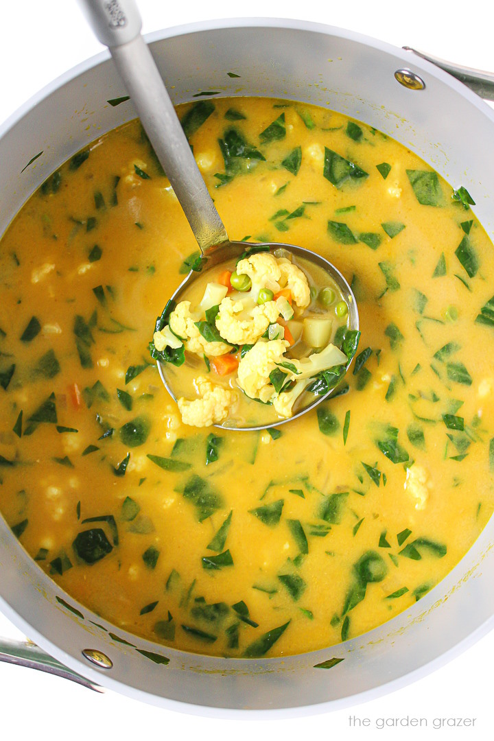 Overhead view of a ladle lifting up coconut curry vegetable soup from a large pot as it cooks