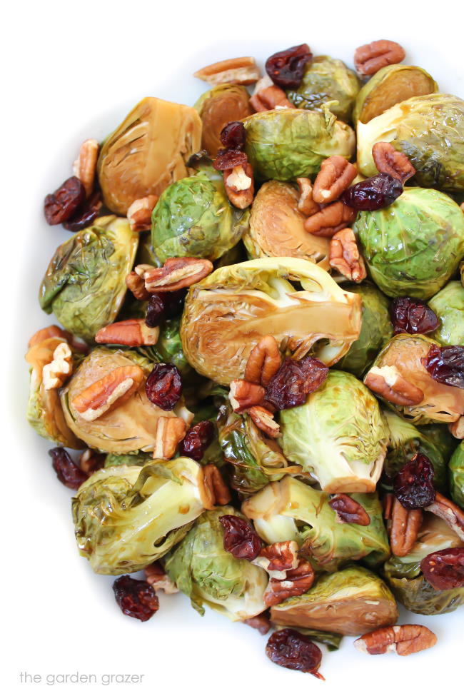 Balsamic roasted brussels sprouts with pecans and cranberries