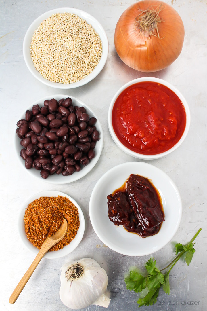 Beans, onion, crushed tomatoes, chipotle peppers, garlic, cilantro, and seasoning ingredients laid out on a metal tray