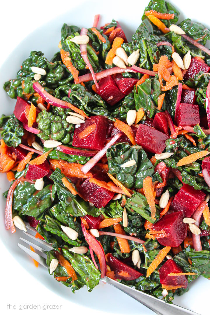 Close-up view of roasted beet kale salad with balsamic dressing on a white plate with fork