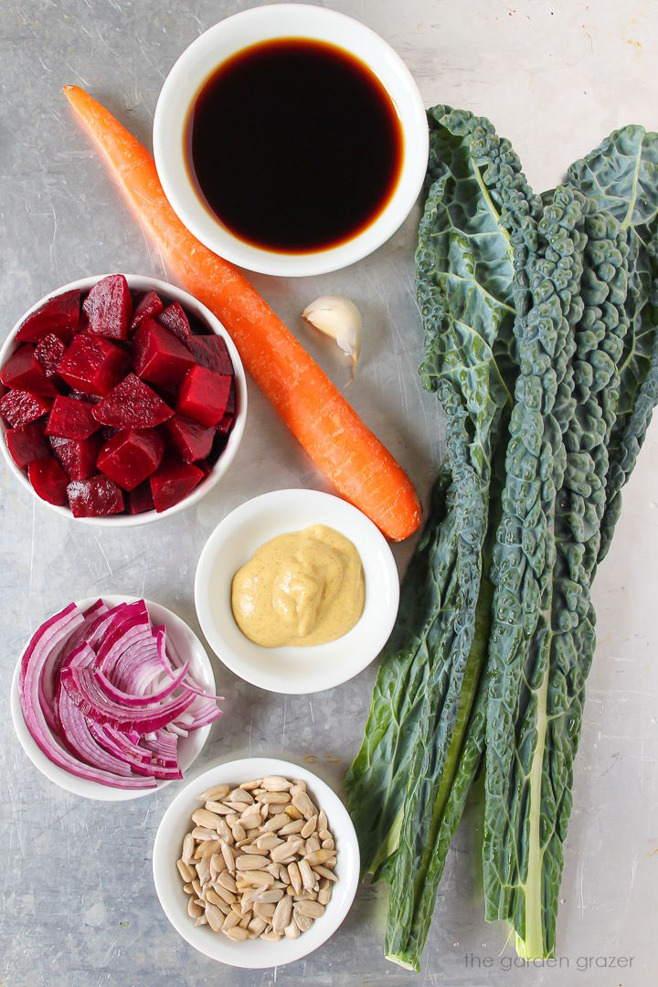 Fresh beets, balsamic vinegar, onion, carrot, mustard, and sunflower seed ingredients laid out on a metal tray