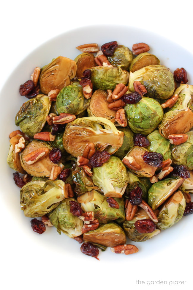 Roasted maple brussels sprouts on a white plate